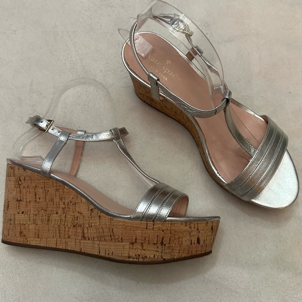 Kate Spade Silver Cork Wedge Sandals T Strap Platform Metallic Summer